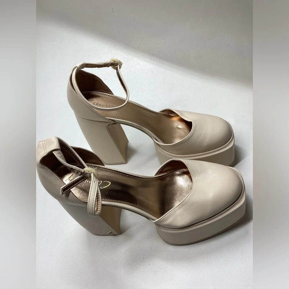 Sam Edelman Women’s Cream Platform Block Heel Ankle-Strap Pumps